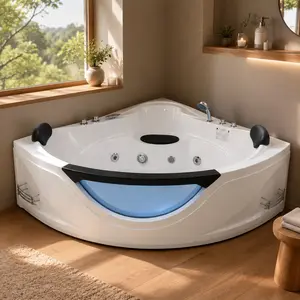 ARCH Modern 59-Inch Corner 2-Person Acrylic Jetted Bathtub, Whirlpool Spa Tub with 6 Hydro Massage Jets, Chromatherapy LED Lights, Pneumatic Adjust System, UL Certified Pump, UPC Certified Drainer, Milk White