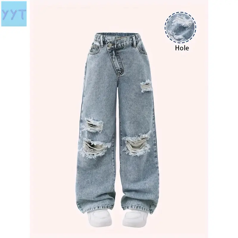 2026 Teenage Girls Y2K Style Casual Light Wash Jeans, Soft Comfortable Distressed Ripped Loose Fit Jeans, Perfect for All Seasons, Light Wash Pants