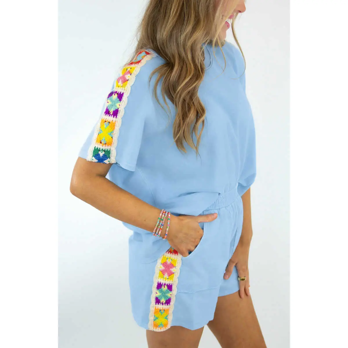 Women's Mist Blue Cotton Short-Sleeve Clothing Set, 2-Piece Granny Square Crochet Detail, Adjustable Elastic Fit, Shortsleeve, Clothes, Pockets, Breezy Fit, Plain