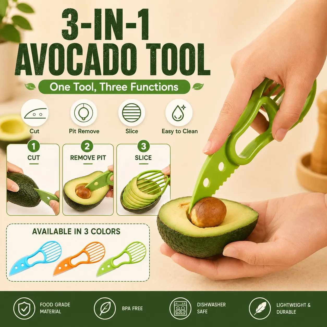 Avocado Peeler and Slicer Three-In-One Tool, Ergonomic Design, Safe, Portable and Durable, Ideal for Home and Outdoor Use, Includes Plastic Protective Case