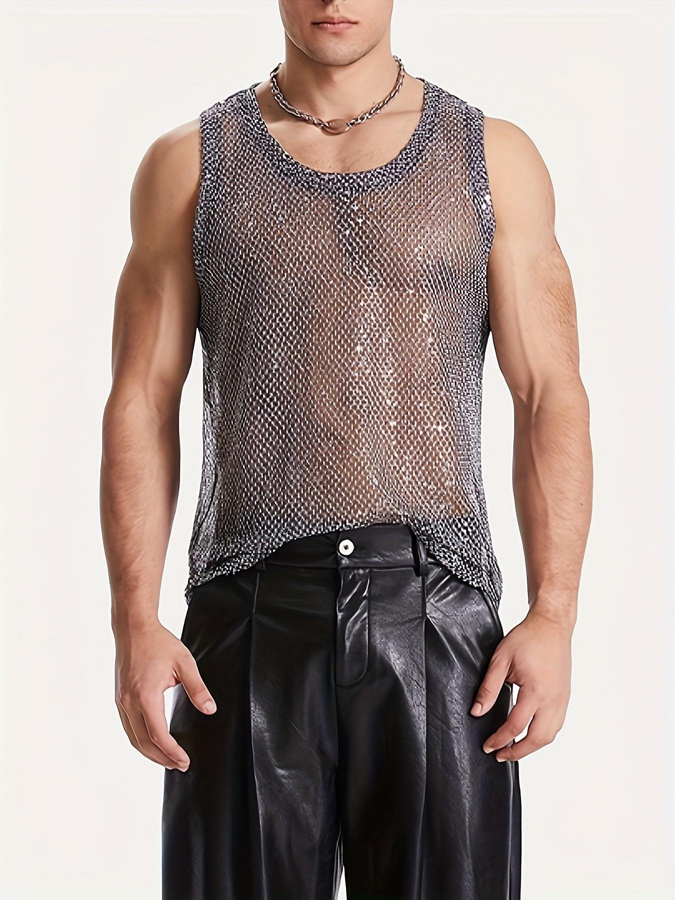 NewBdhjydb Men'S Sexy Sleeveless Vest - Sparkling Sequin Mesh Shirt with Hollowed Out Design, Non-Stretch Slim Fit for Parties, Clubs, Everyday - All-Season Layering Essential - Adult Men'S Fashion Apparel, Party Outfit, Geometric Pattern, Stylish Constru