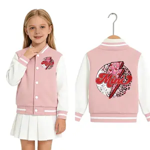 Pink & White Kids' Unisex Color Block Baseball Jacket Mint Casual Button-Up Varsity Coat Soft Warm Fabric for School & Daily Wear Classic Contrast Sleeve Design with Striped Cuffs & Hem