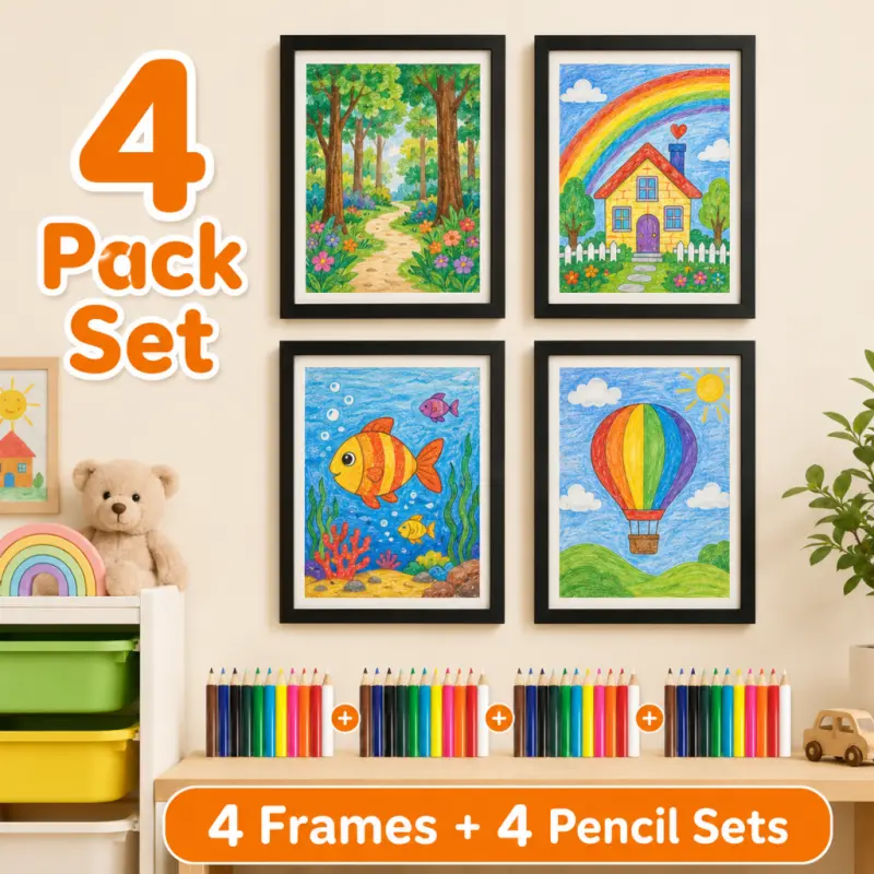 4-Pack Wooden Rectangular Magnetic Kids Art Frame Boxed Set (8.5x11 in) with 12 Colored Pencils, Black Framed Wall Art for Home Decor to Display Artwork/Drawings/Photos