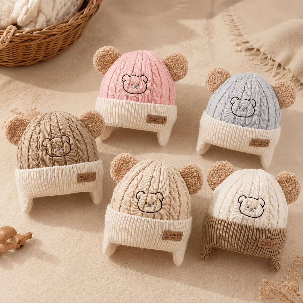 Baby Bear Ear Knit Hat with Soft Beige/Pink Trim - Warm Winter Earflap Hat for Boys and Girls, Comfortable Children's Hat for Christmas, Daily and Special Occasions, Hand Washable - Korean-Style Cute Knit Design with Bear Ears and Soft Lining