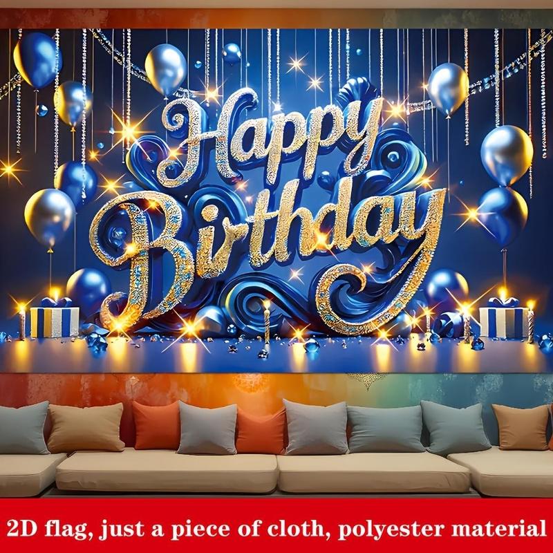 Blue 1pc Birthday Banner - 2D Polyester Party Decoration with "Happy Birthday" Text, Balloons, Gift Boxes & Sparkling Stars for Family Celebrations, 70.8in x 43.3in, Golden, Birthday Party Decorations Ornaments