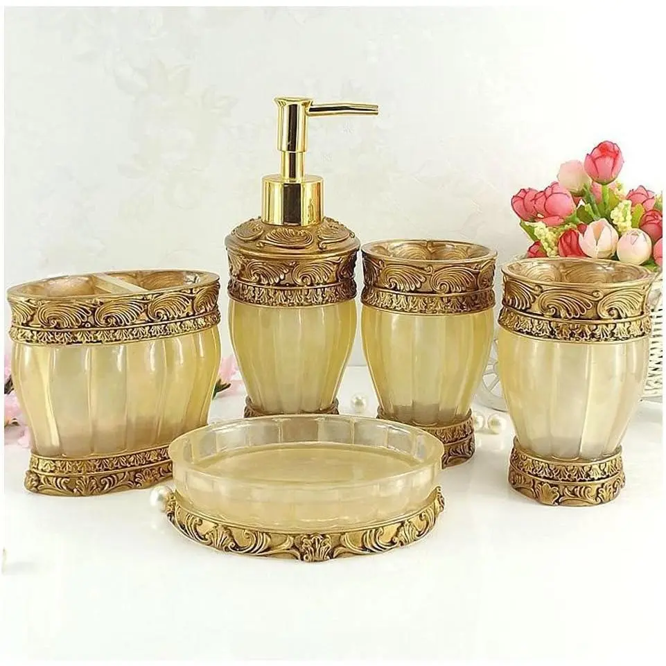 Golden Bathroom Accessories, 5 count Bathroom Accessories Set, Bathroom Set Features, Soap Dispenser,  Holder, Tumbler & Soap Dish - Golden Glossy - Bath  Set