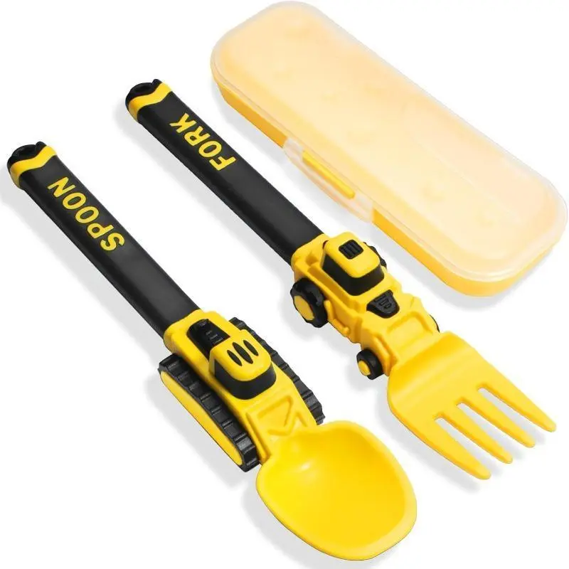 Summerwins 2Pcs Colorful Construction Vehicle Kids Cutlery Utensil Set, Reusable Safe Plastic Fork & Spoon with Storage Case, Easy-Grip Durable Utensils Tableware, Ideal Birthday Gift, Cutlery Utensil Sets