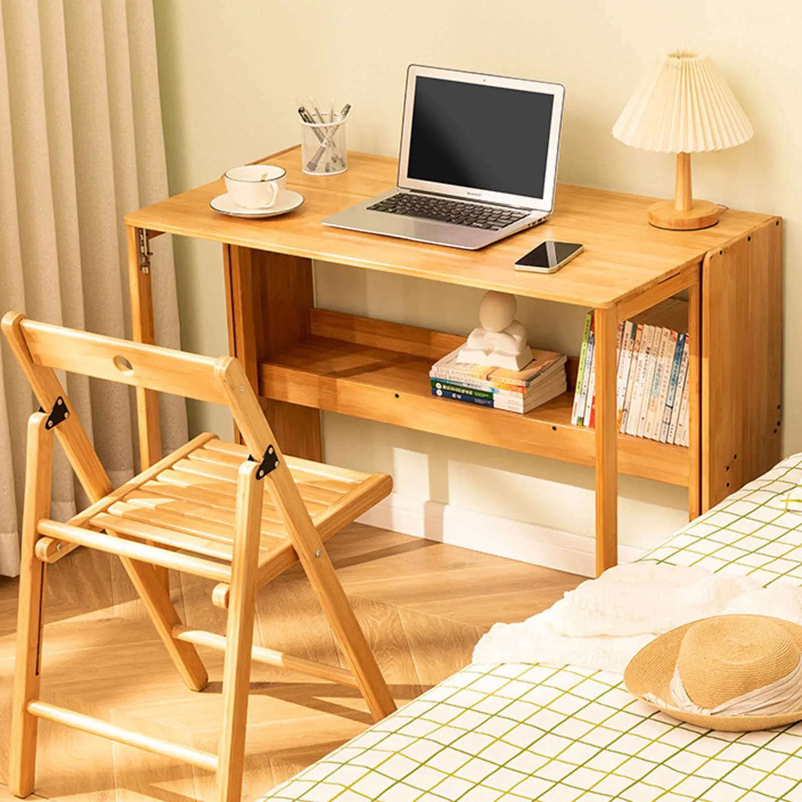 Bamboo Foldable Desk, Folding Desks for Small Spaces, Mid Century Small Computer Desk with Bookshelf for Bedroom Home Office dining table sikaic modern