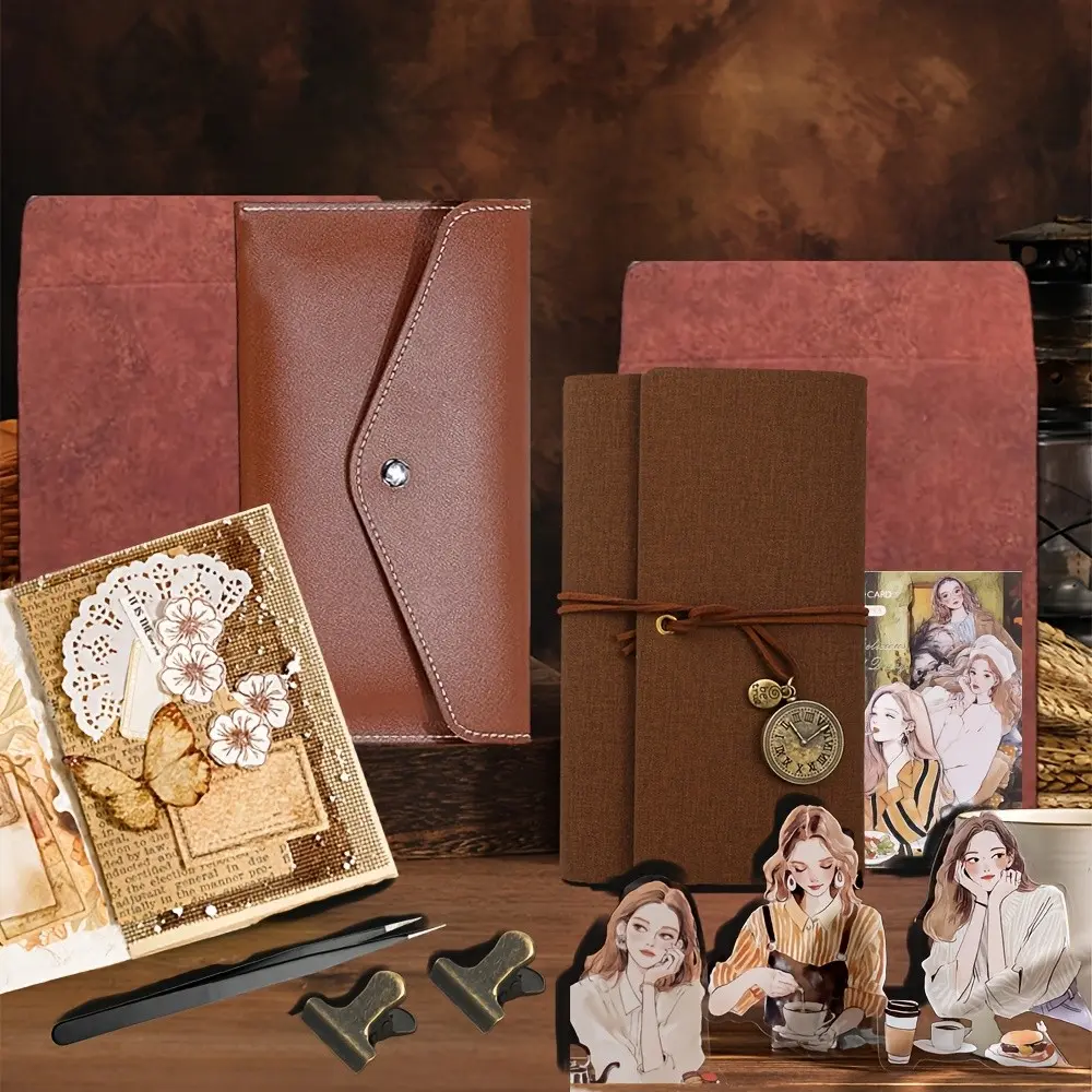 71-Piece Creative Gift Box Retro Time Journal Set, Includes Notebook, Clips, Tweezers, Storage Bag, Stickers, Perfect for Birthday Gifts