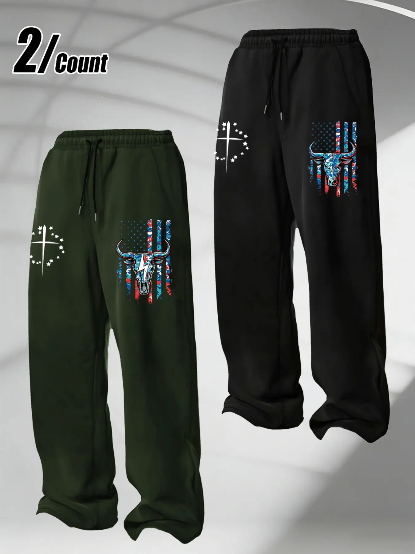 Men Drawstring Wide Leg Sweatpants Bull Skull Lightning Distressed Flag Cross Star Graphic Print Loose Casual Joggers With Pockets Streetwear Daily Sports Trousers#mensstreetstyle#casualmenswear #graphicpants #trendingfits