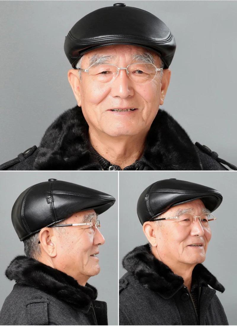 HT2059 High Quality Leather Beret Cap Men Autumn Winter Hats for Men Elder Man Warm Dad Hats with Earflap Flat  Cap Beret