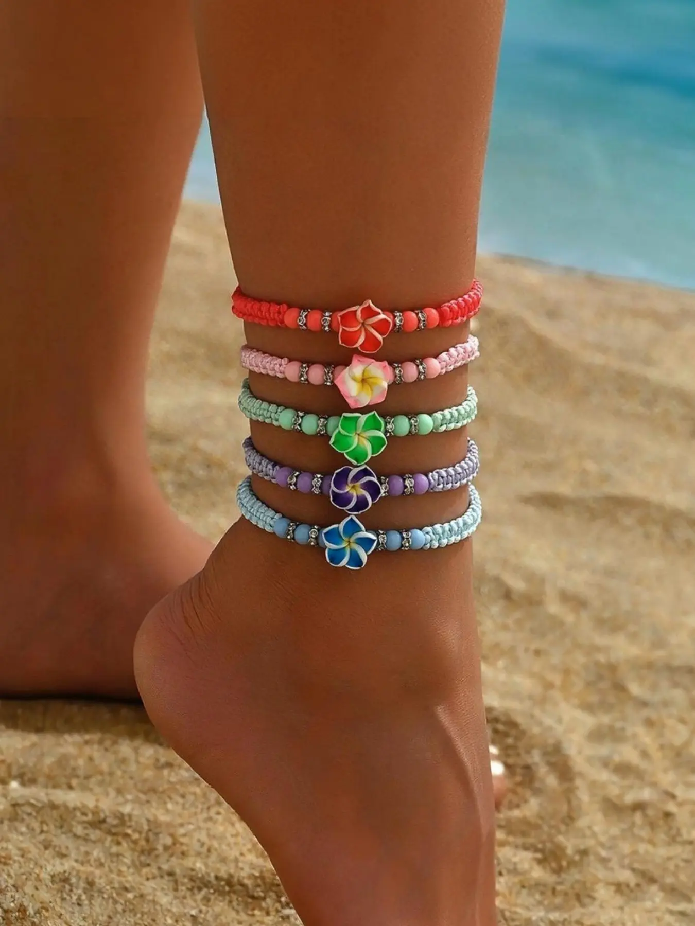 New Creative Personality Gradient Soft Ceramic Flower Crystal Bead Foot Rope Retro Sweet Soft Ceramic Flower Foot Chain Crystal Beaded Anklet Ankle Bracelets Crystal Anklets