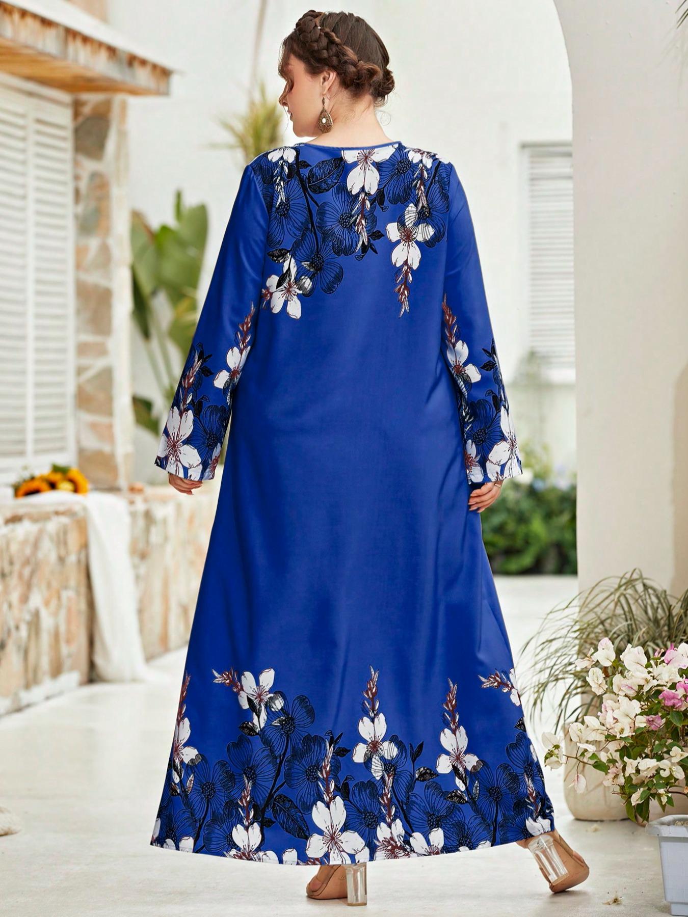 Plus Size Floral Print Long Sleeve Round Neck Tunic Dress, Casual Loose Long Dresses for Women Daily Wear, Ladies Clothes Spring Autumn Fashion