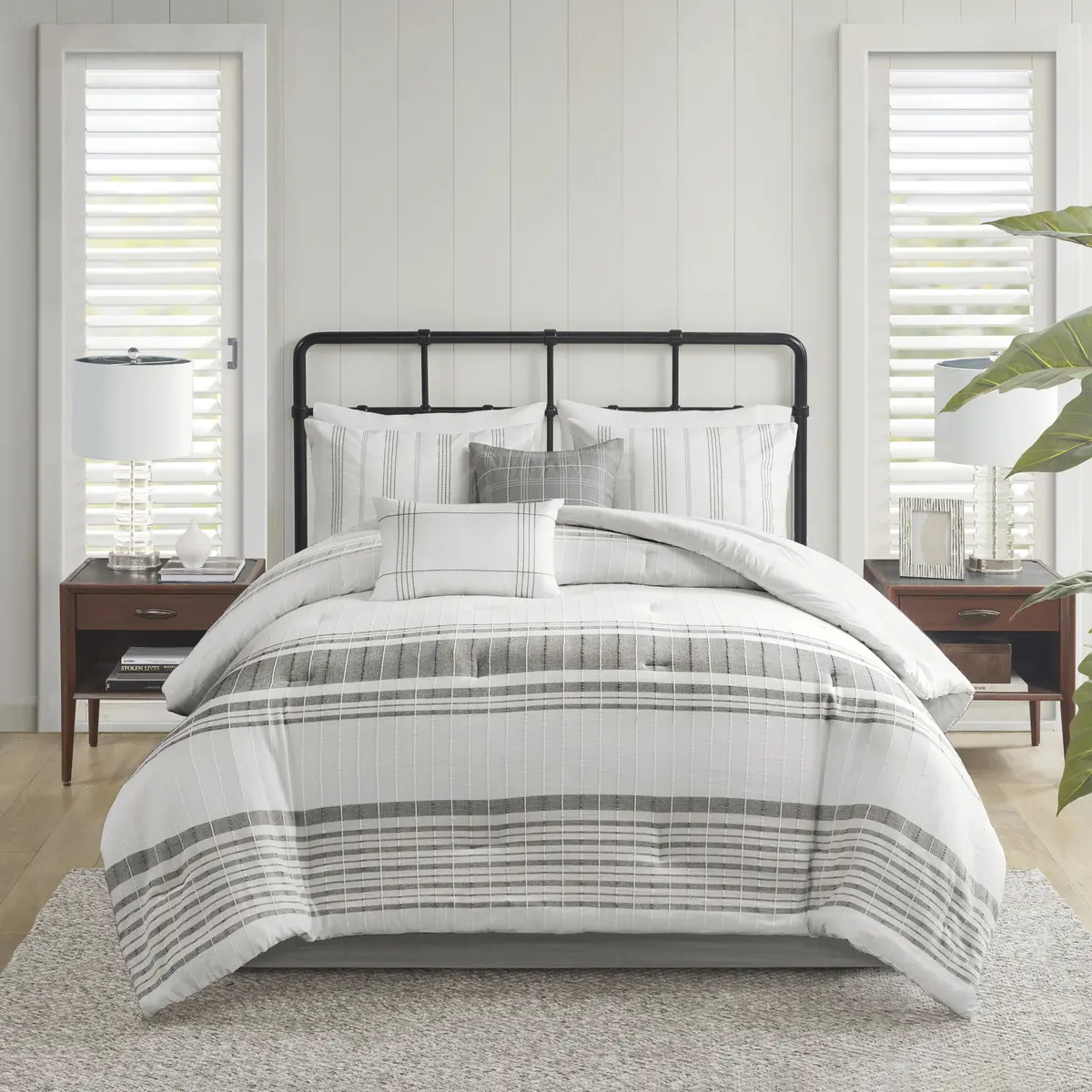 Nokaa 6-Piece Cotton Jacquard Oversized Comforter Set Queen Size Bedding with Bed Skirt, Pillow Shams & Decorative Pillows – Soft Breathable Cotton, Hypoallergenic Polyester Fill, Oeko-Tex Certified, Machine Washable (Grey+White)