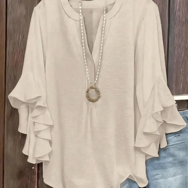 Women's Solid Color Open Neck Ruffle Sleeve Shirt, Casual Elegant Design, Perfect for Daily Wear Tops