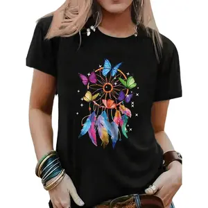 Butterfly Pattern Casual T-Shirt Women's Crew Neck Short Sleeve Regular Version 180g Knitted Fabric Black Elegant Everyday Outfit Tops