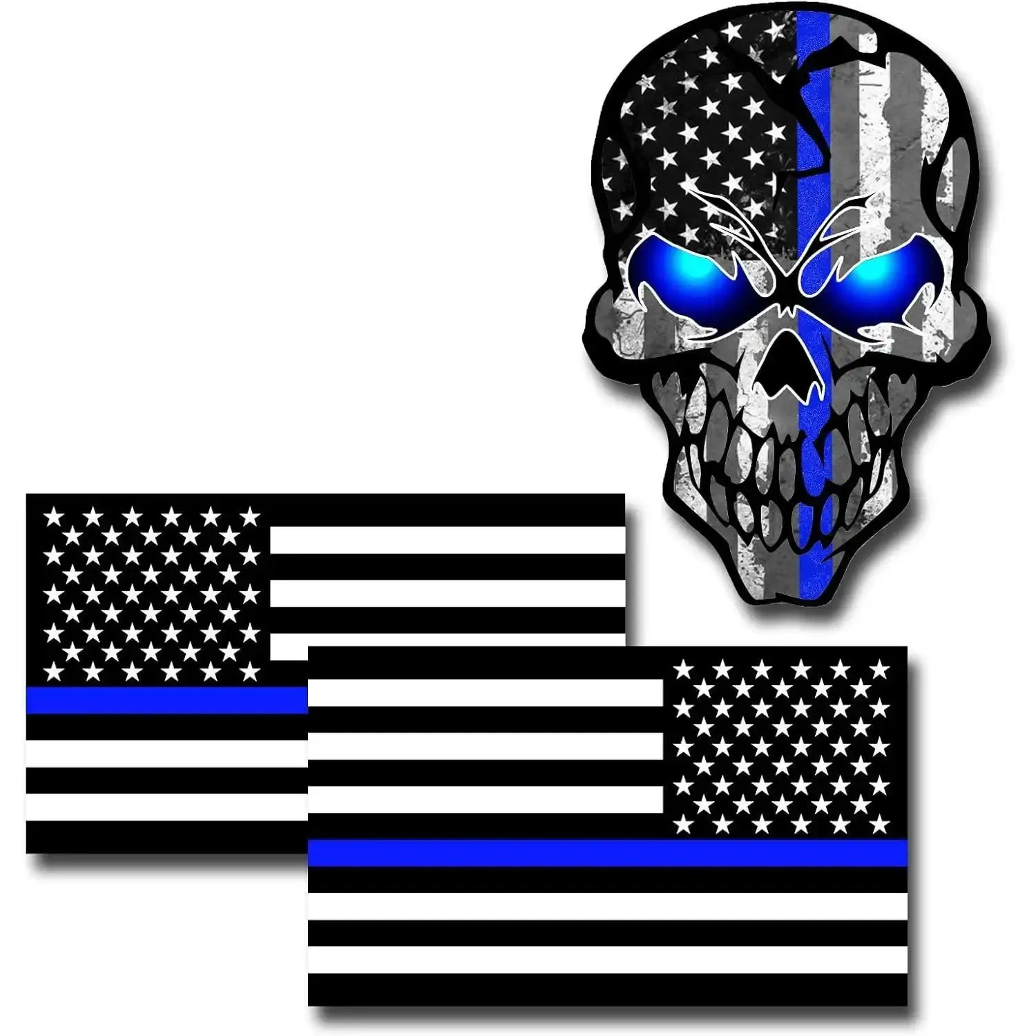 3-Pack Value Set Premium Reflective American Flag Thin Blue Line Military Skull Stickers - Police Support Truck Decals, Car Vehicle Decoration, Motorcycle Accessories (Hardware Decals for Exterior Use)