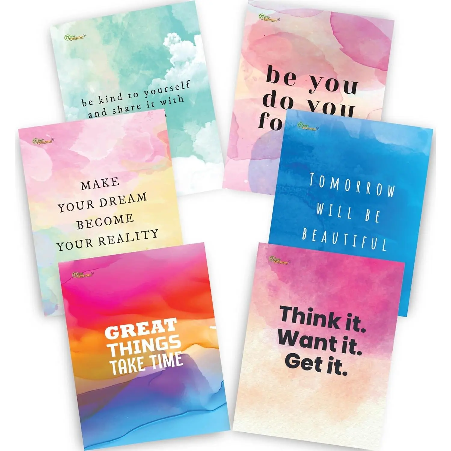 New Generation - 2 Pocket Folders, Letter-Size folders with 3 Hole Punch, Heavy-Duty and Glossy Laminated (6-Pack folders) (Watercolor)