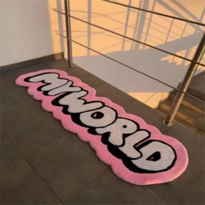 Pink Girly Bedroom Decor Plush Carpet Fluffy Bedroom Decorative Rug: Trendy Personalized MY WORLD Letter Runner Rug for Living Room & Bedside, Modern Minimalist Mat for Lounge & Cloakroom, Home Decorative Rug #GLOBAL PICKS