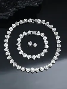 3pcs of Jewelry Set For Women,Exquisite Heart-Shaped Cuban Chain Nekclace With Mated Bracelet And Cubic Zirconia Studs Earrings, Luxurious Bridal Jewelry Set,Hip Hop Chains Heart Jewelry,Unisex Valentine's Day Gift
