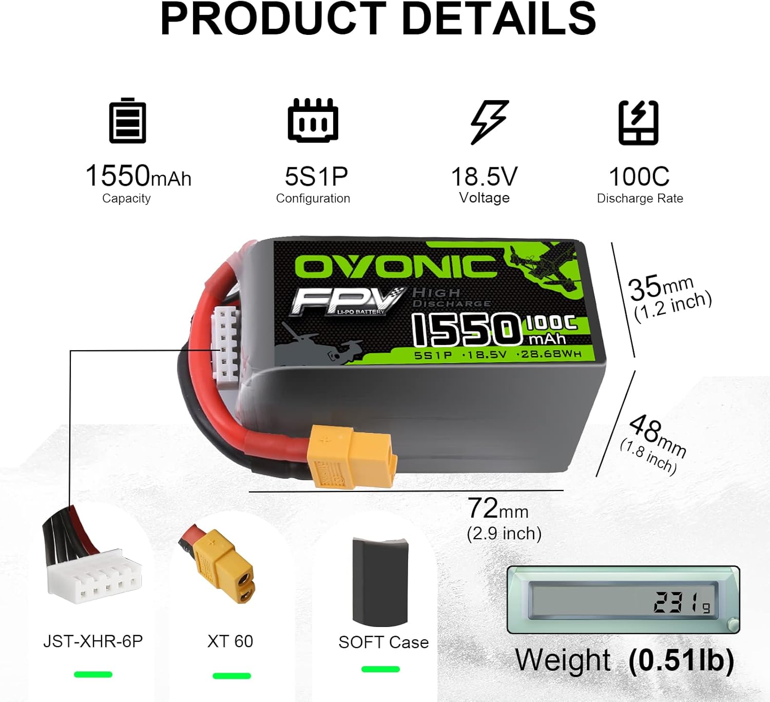 OVONIC 5s Lipo Battery 100C 1550mAh 18.5V Lipo Battery with XT60 Connector for RC FPV Racing Drone Quadcopter