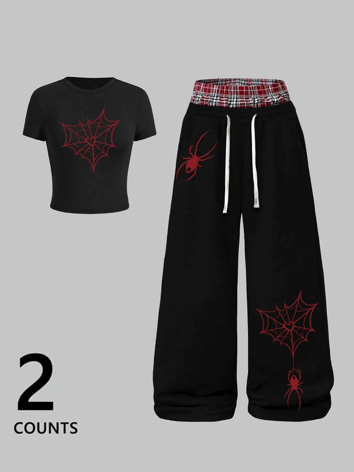 Women's Casual Fitted Round Neck Short Sleeve T-Shirt + Loose Straight Leg Pants Set, Spider Print, Plaid Dual Waist Design, Comfortable, Clothes, Casual Loungewear Sets
