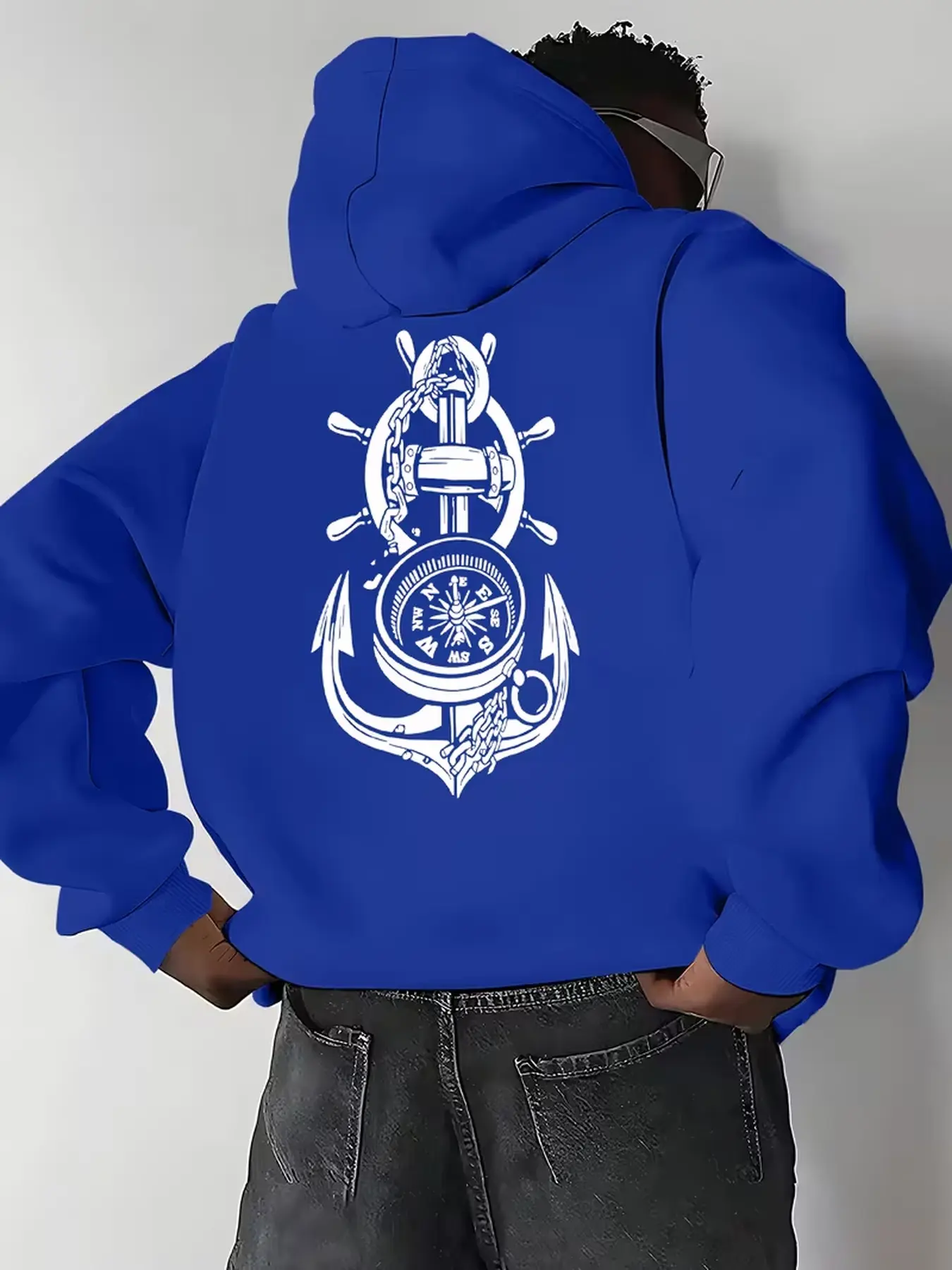 Men's versatile casual pullover hoodie with nautical anchor chain graphic print, suitable for home leisure and outdoor daily wear.