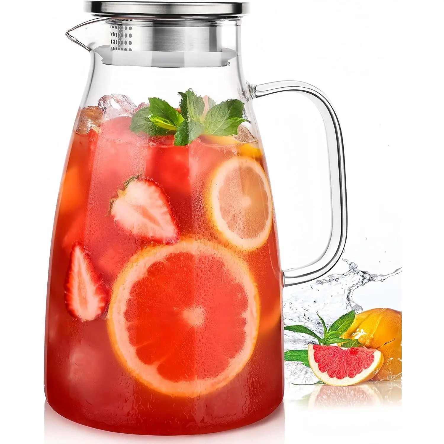 2 Liter 68oz Borosilicate Pitcher with Lid, Glass Jug with Handle and Spout | For Fridge,For Iced Tea,Juice,Sangria,Cold/Hot Beverage,Large Jug,Water Pitcher