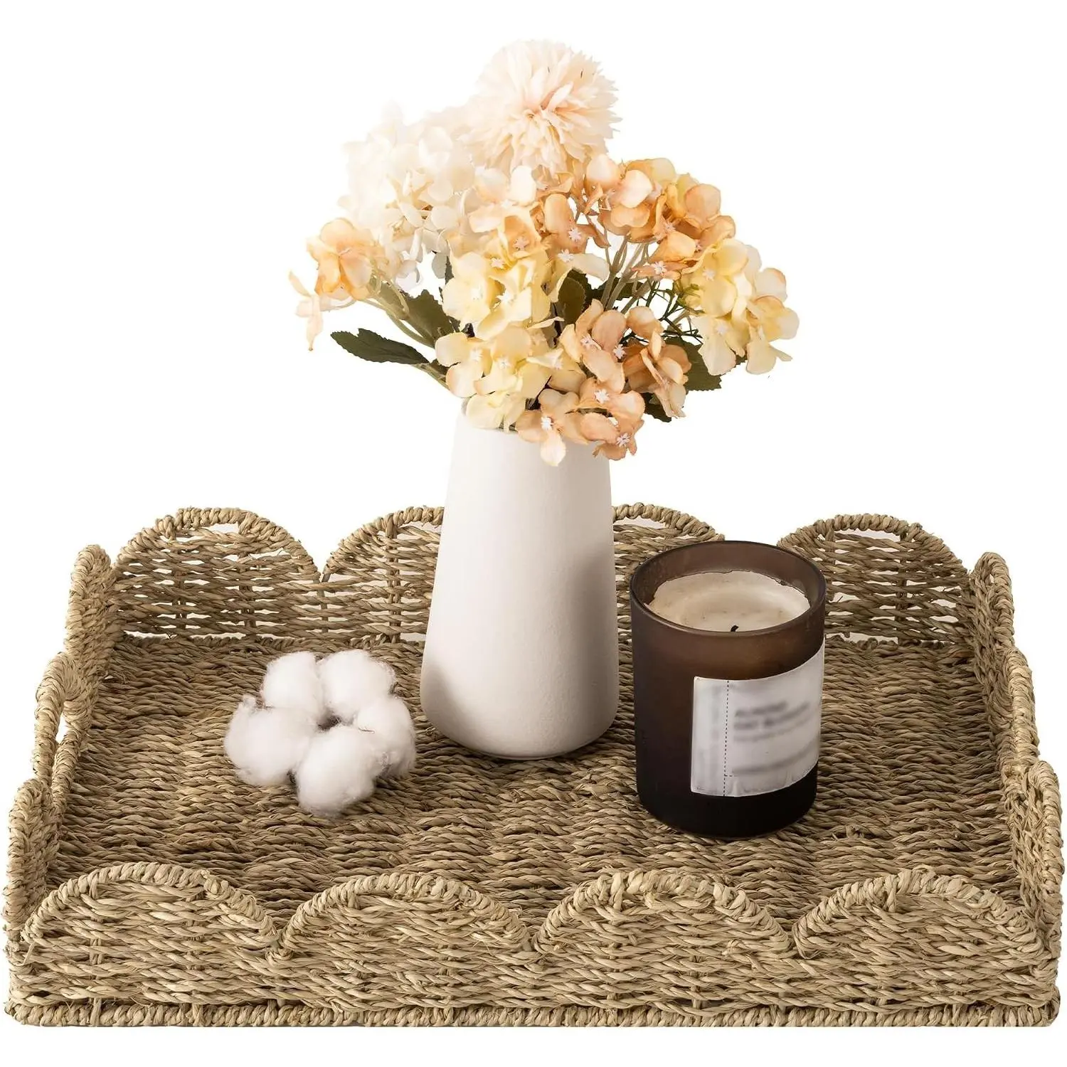 StorageWorks Rectangle Wicker Scalloped Tray, Rattan Serving Trays with Handles, Seagrass Basket for Decorative & Organizing, 15.75" L x 11.5" W x 2.75" H