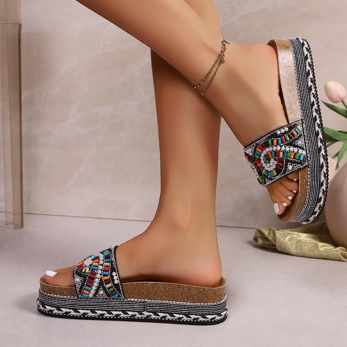 Women's Platform Sandals Summer Beach Slides with Pearl Embellished Cork Wedge Soft Sole Slippers Large Size Comfort Outdoor Shoes Ethnic Style Fashion Footwear for Women
