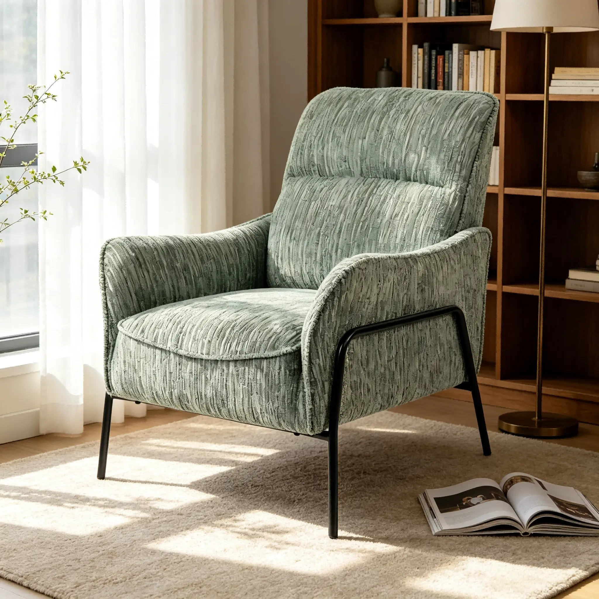 Nokaa Modern Striped Fabric Accent Chair Upholstered Single Armchair with Black Metal Frame Comfy Padded Lounge Chair Reading Side Chair for Living Room Bedroom Office Green Textured Leisure Chair