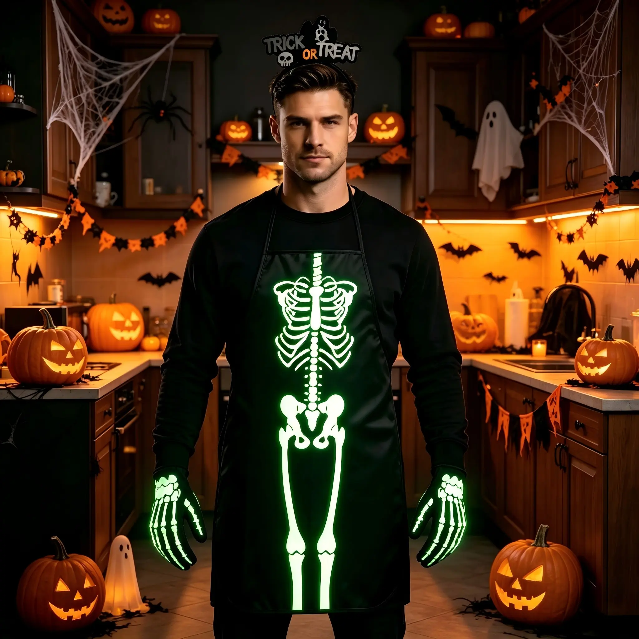 1 set of Halloween glow in the dark apron, skull head gloves, headband costume props - Terrifying atmosphere costume, family kitchen, funny party props