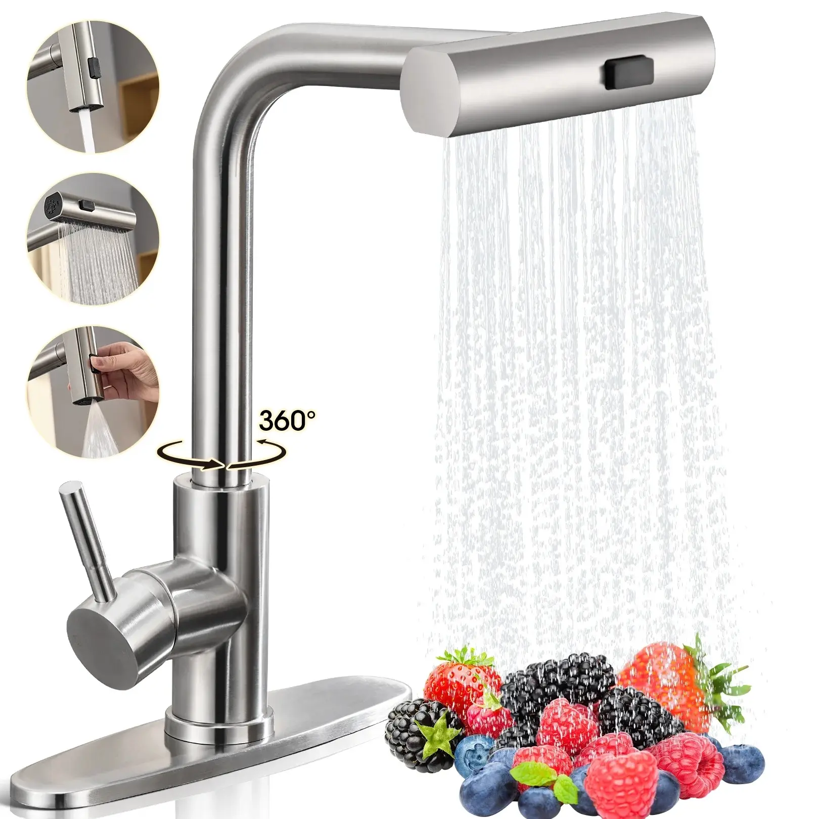 Sanitary Ware Waterfall Kitchen Faucet with Pull Down Sprayer, 304 Stainless Steel Kitchen Sink Faucet with Deck Plate & Supply Lines, 3 Modes Sprayer Faucets for Kitchen Farmhouse Bar Sink