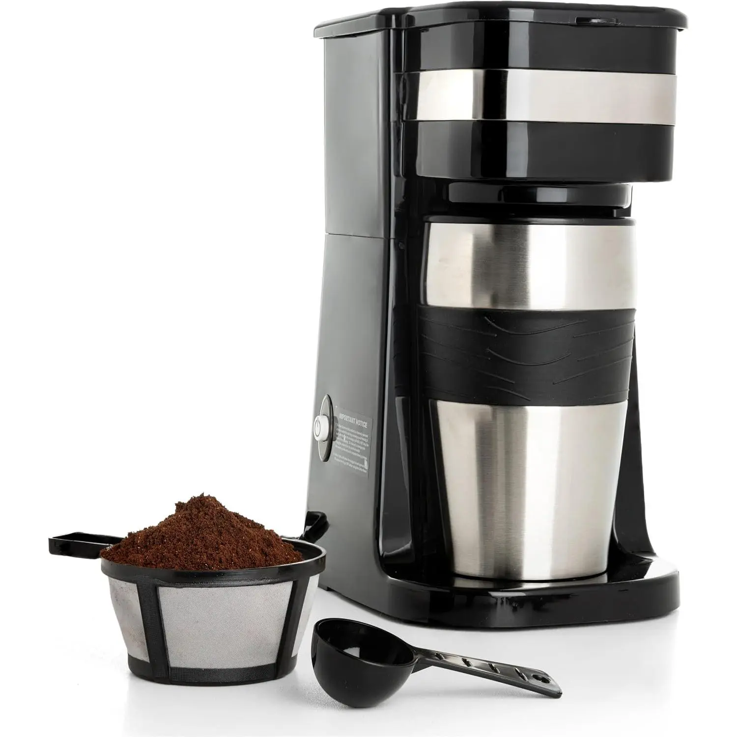 Black Personal Single Serve Coffee Maker with 14oz Travel Mug, Drip Small Coffee Maker with Auto Shut Off,  Filter, Works with Ground Coffee Only – Not for K-Cup Pods