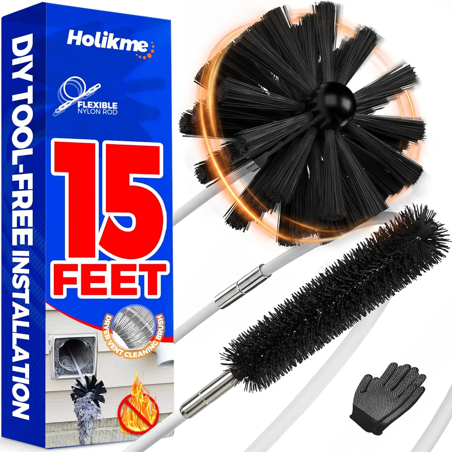 15 Feet Dryer Vent Cleaner Kit, Lint Remover, Extends Up to 15 Feet, Synthetic Brush Head, Use with or Without a Power Drill