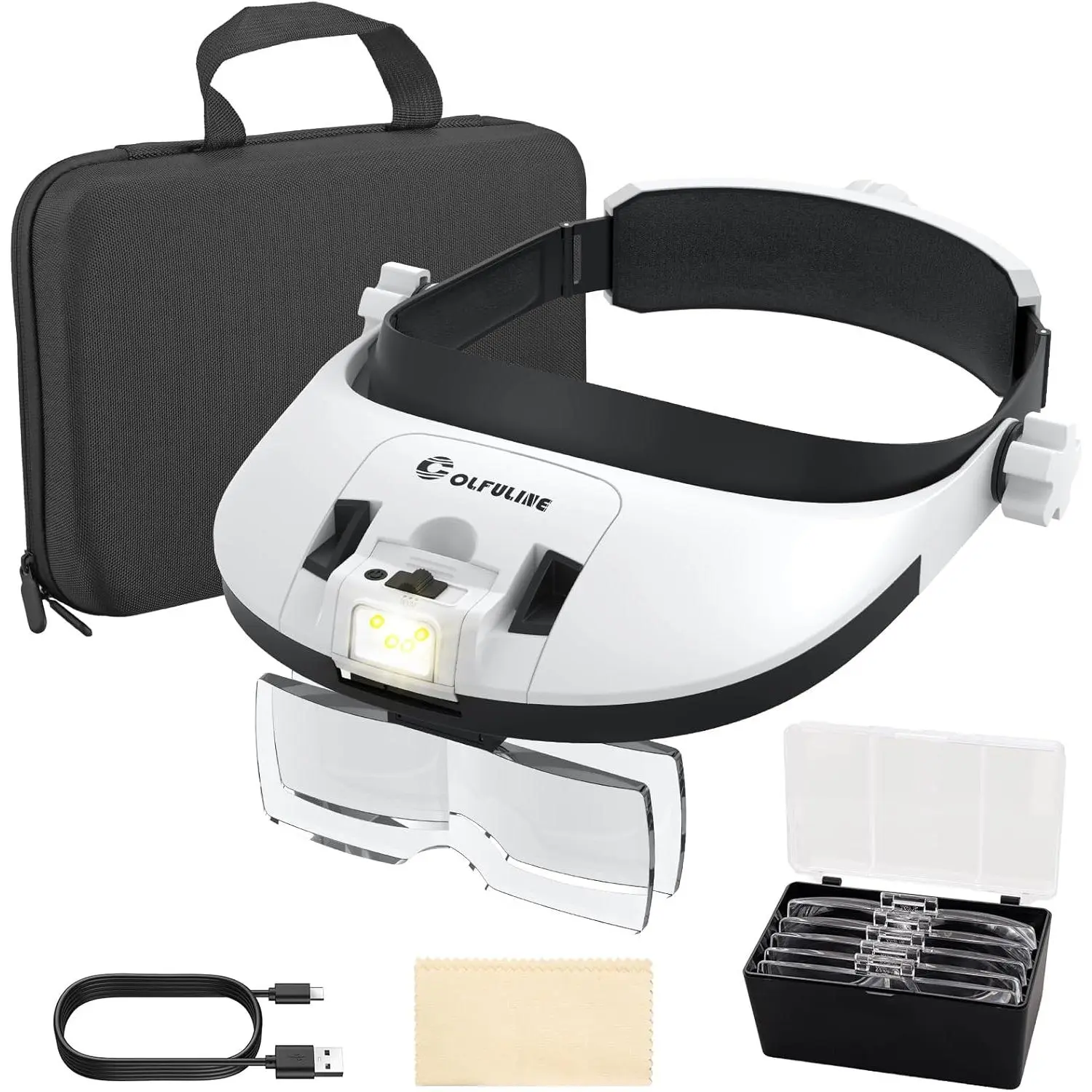 COLFULINE Head Magnifier with Light - Headband Loupe with 5 Interchangeable Lenses, 3 Color Modes, USB Charging & Storage Bag for Close Work, Reading