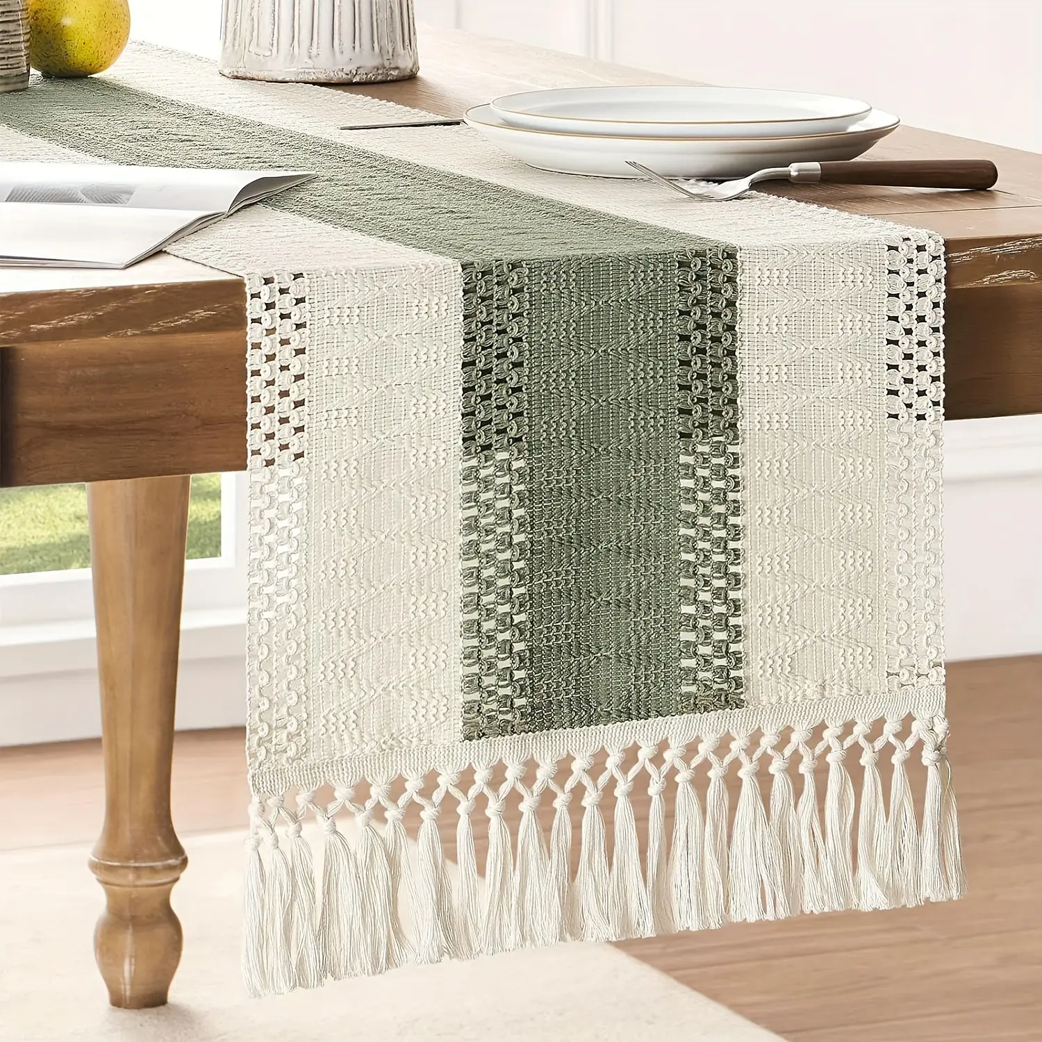 Boho Macrame Sage Green Patchwork Table Runner - Polyester, Machine Washable, Farmhouse Rustic Rectangle Tablecloth for Wedding, Home Décor, Dining Use