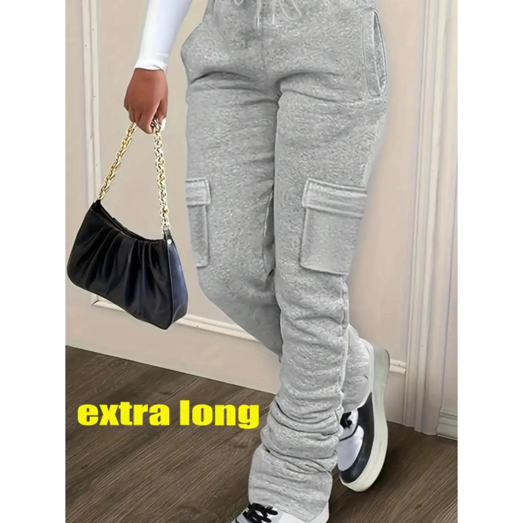Women's Solid Basic Drawstring Elastic Waist Extra-long Sweatpants, Casual Comfortable Fit Flap Pocket Sweat Pants for Fall, Casual Lounge Pant, Cargo Sweats for Women Lady, Casual Comfy Pocket