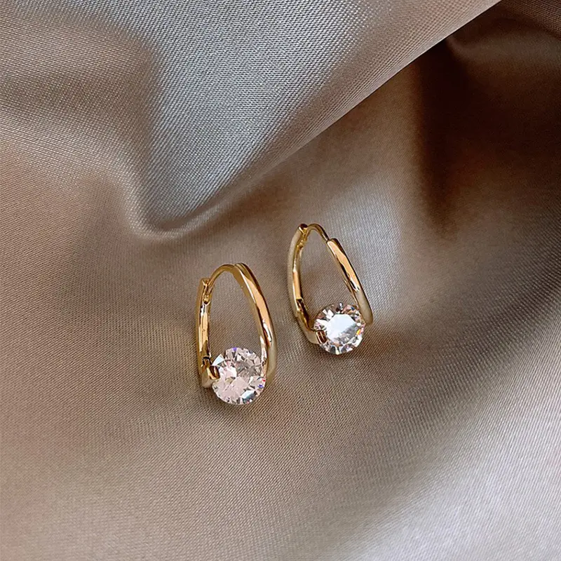 Gold CZ Solitaire Oval Huggie Earrings 14K Gold Plated Dainty Single Stone Minimalist Everyday Jewelry for Women