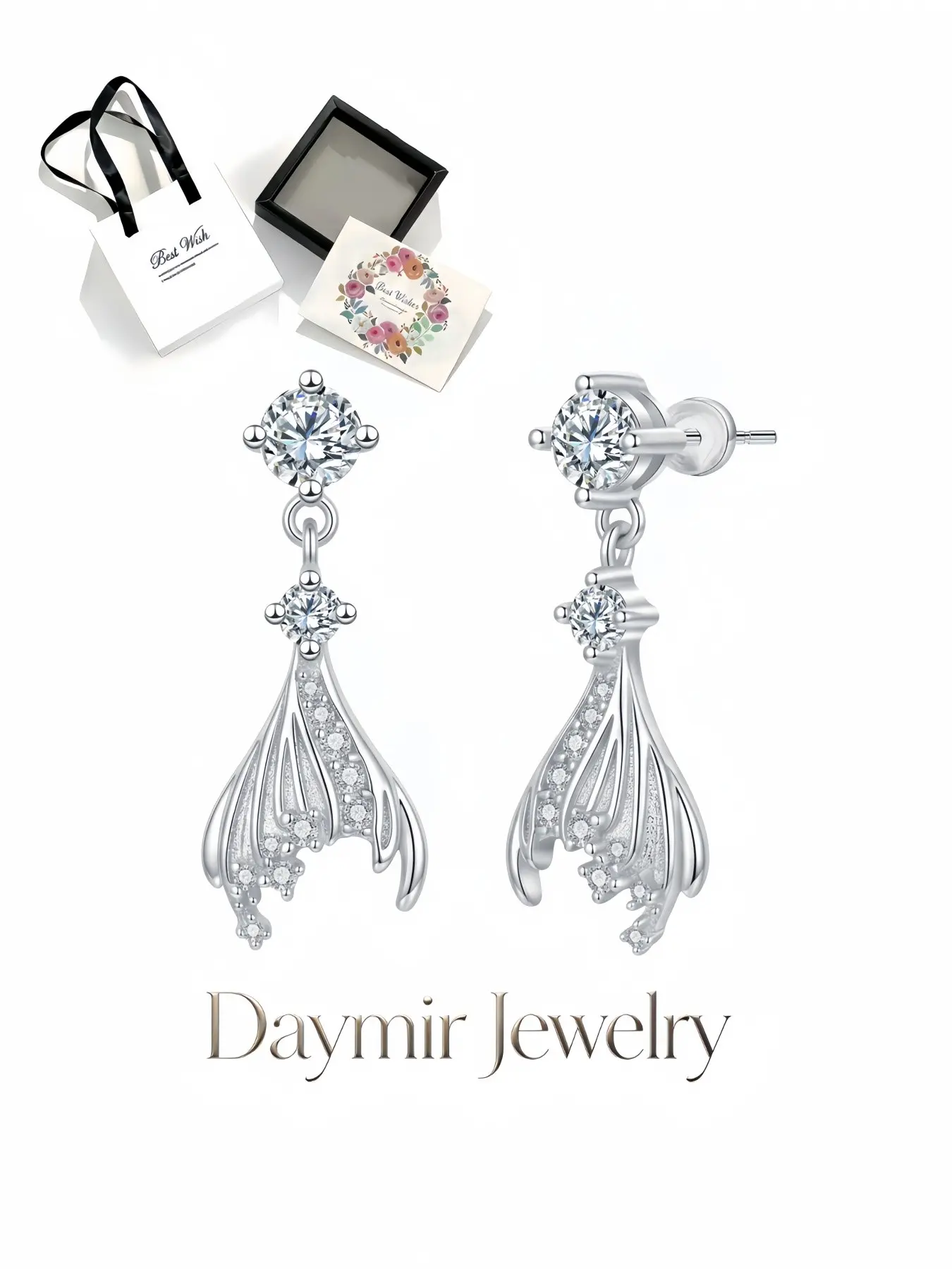 Deep Sea Fantasy Tail Diamond Drop Earrings, stylish fish tail earrings with S925 silver posts for women. Paired with an exquisite drawer jewelry box, lovely gifts for birthdays, Mother’s Day, Valentine’s Day, Christmas and anniversaries.