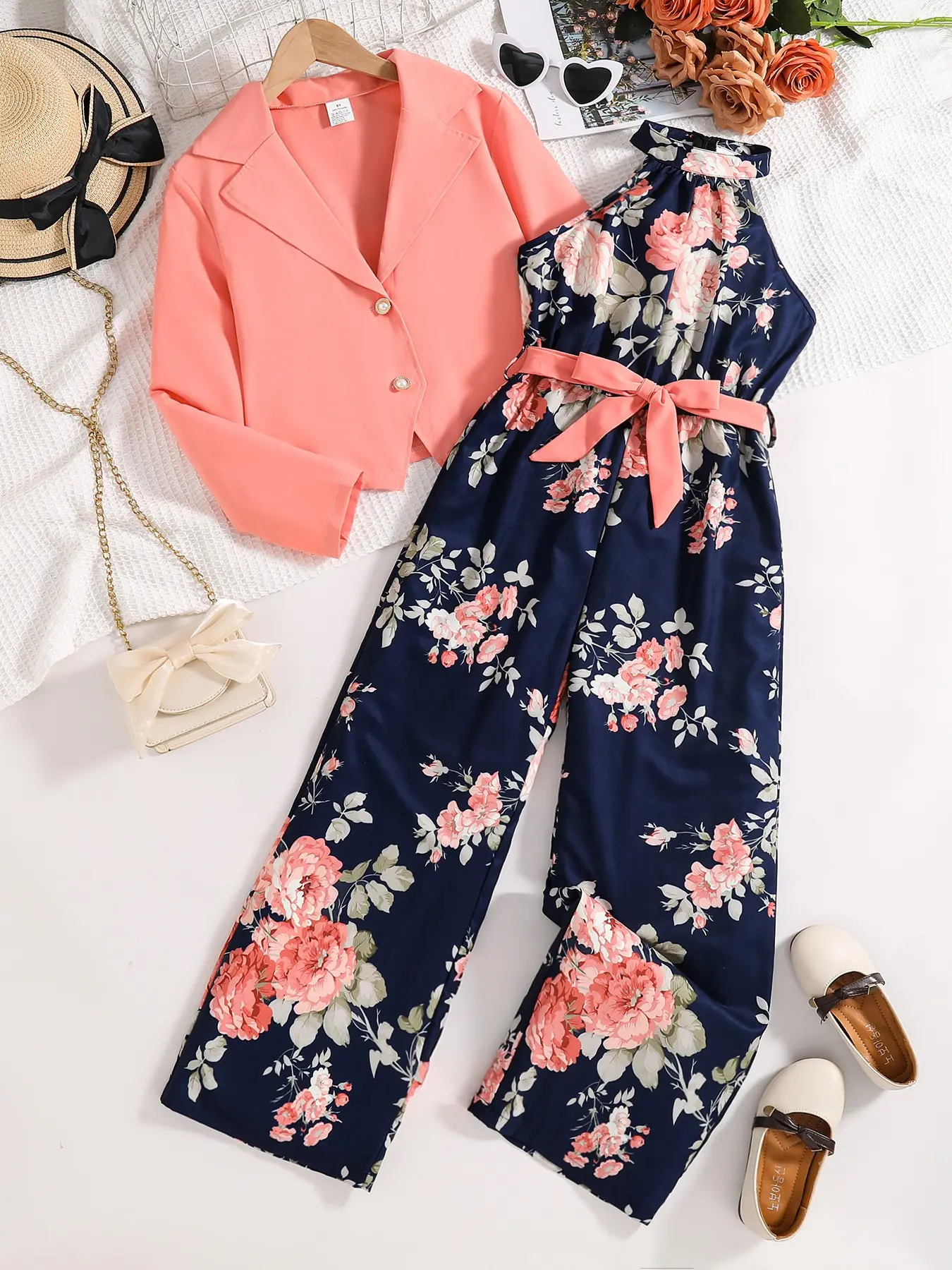 8-12y Girls' Vacation Style Two-Piece Set, Peach Lapel Buttoned Short Suit Jacket, Navy Floral One-Piece Wide Leg Pants, Matching Bow Belt, Tween Set
