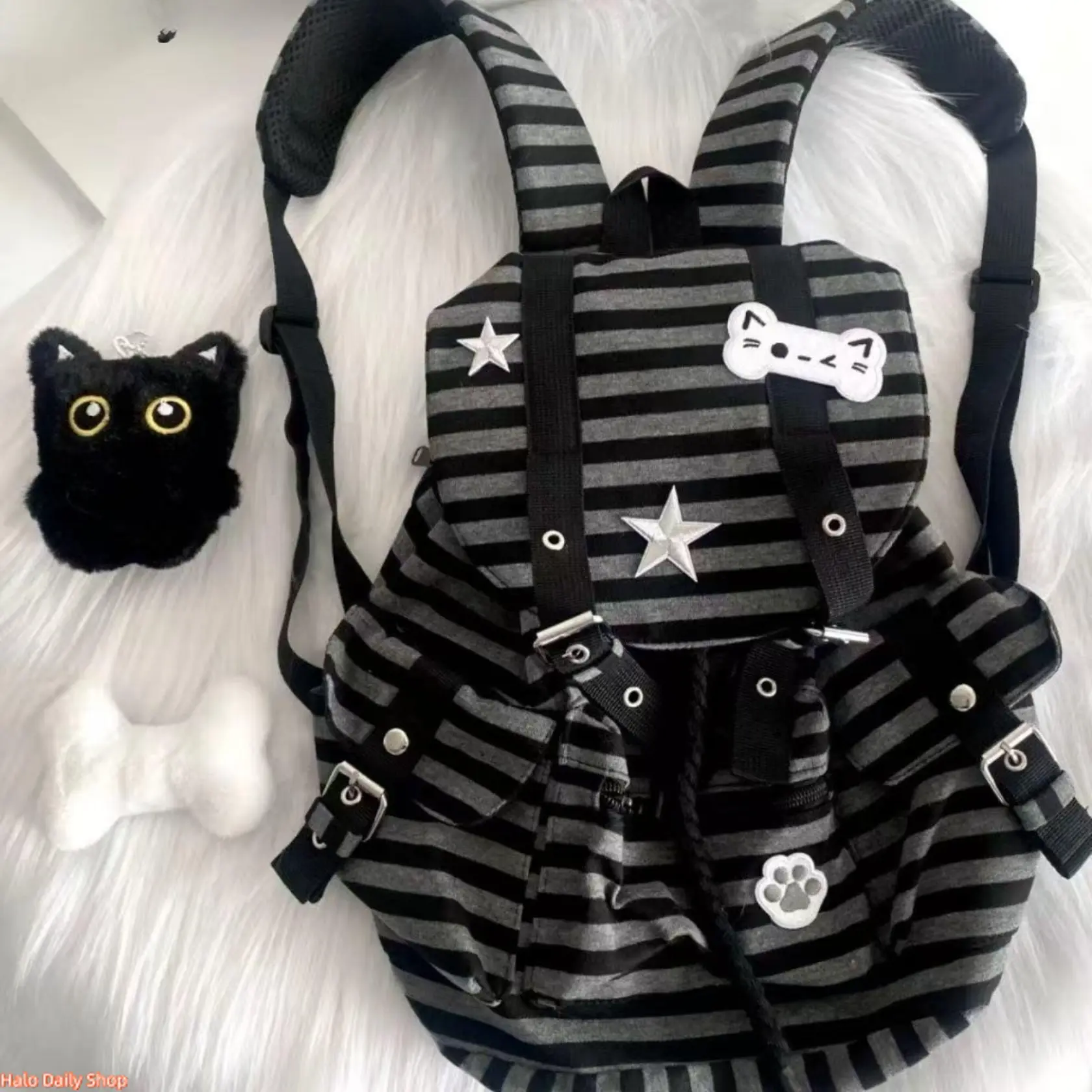 LuneLingerie Punk-Style Multi-Pocket Water-Resistant Durable Large-Capacity Unisex Backpack with Cat Paw Print, Bone, Star, Colorblock, Striped Designs - Backpacks for School, Commuting