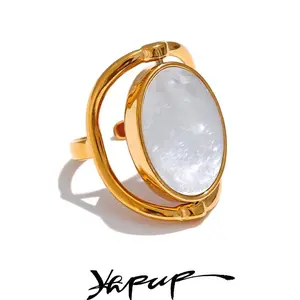 Yhpup Exclusive Natural Stone Shell Rotatable Open Ring France Exquisite Stainless Steel Unique Jewelry for Fashionable Women