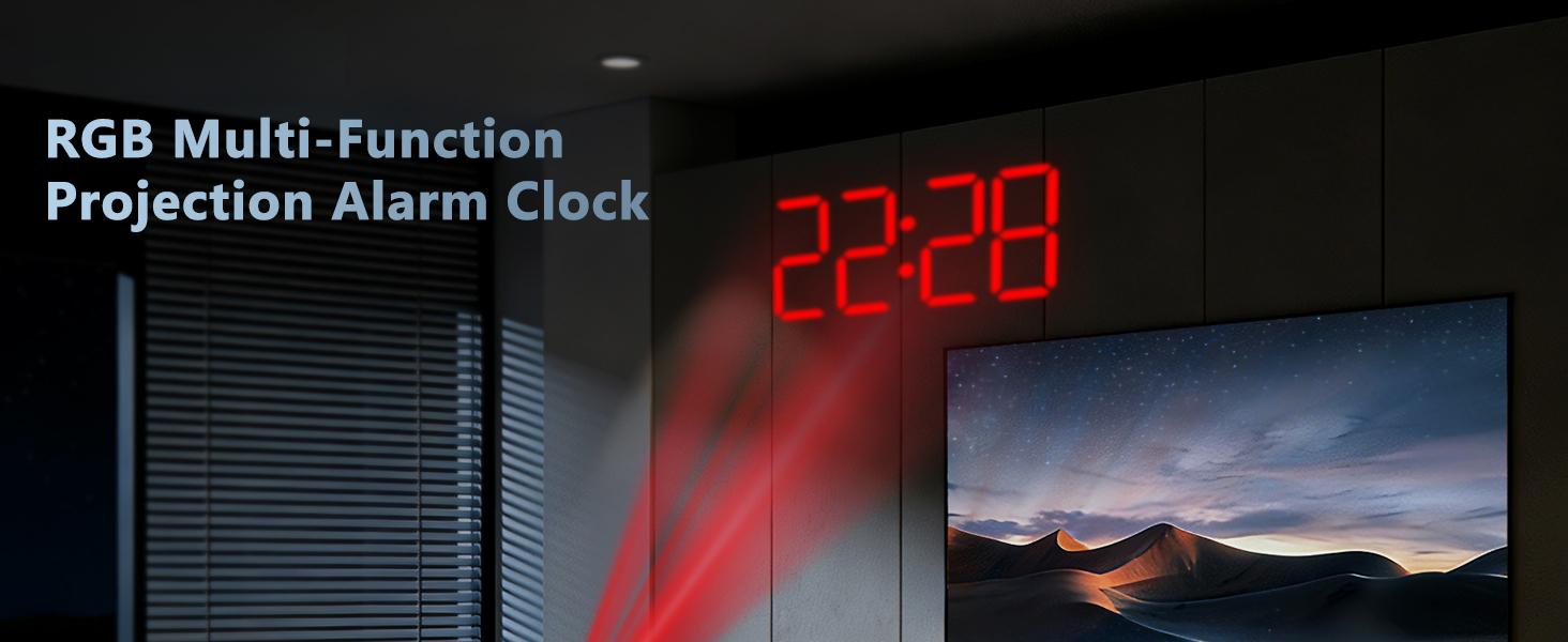 Projection Alarm Clocks, RGB Desk Clock with 180°   Rotatable Projector 15 Color Display, Date Temperature and Weekday, DST, Snooze, Ambient Lighting for Living Room,Bedroom Bedside Office Decor