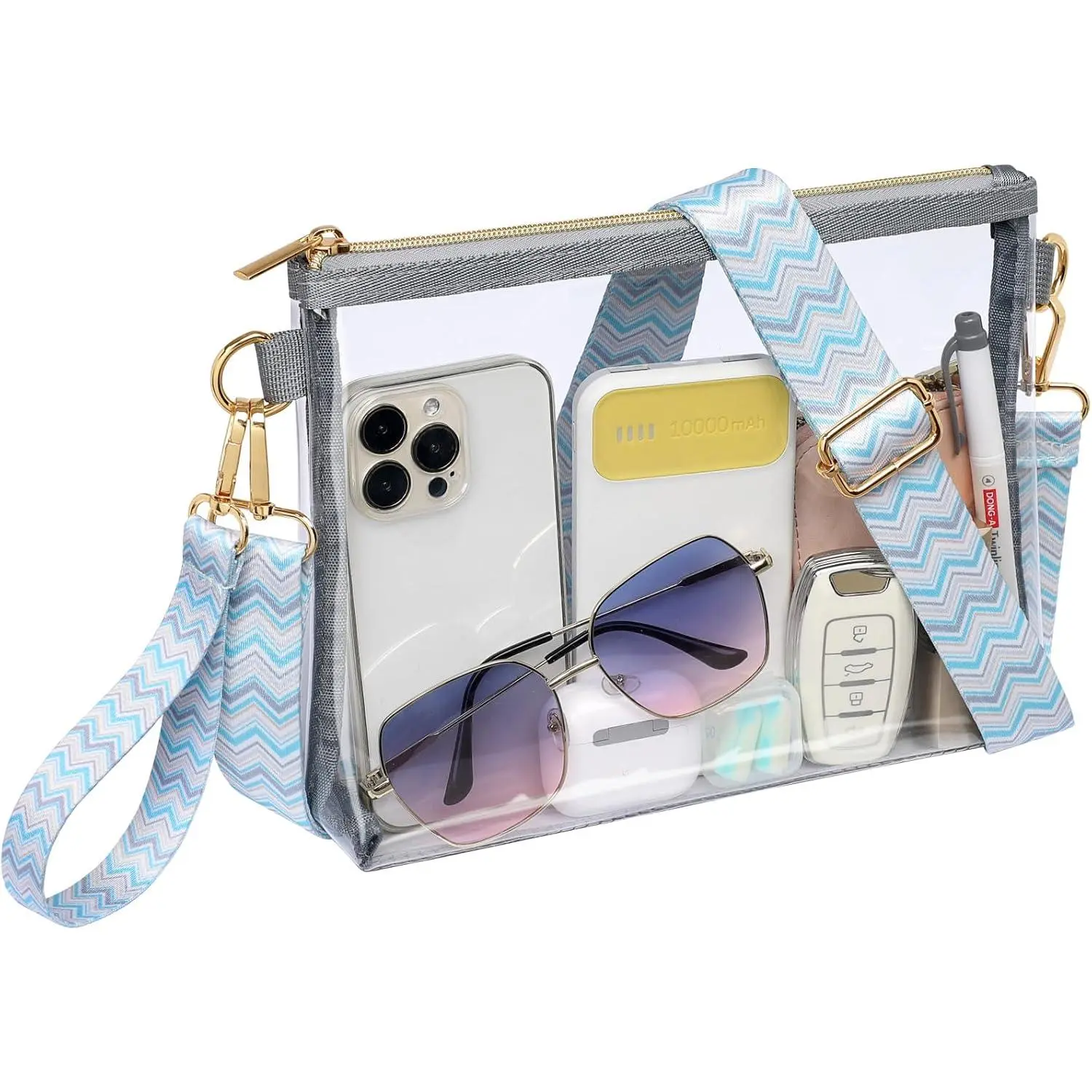Clear Purse for Stadium Events - Clear Crossbody Bag | Adjustable Printed Strap, Wristlet Strap, Easy Access Pocket, Thick 0.5mm PVC, for   Day Concert Festival, Women