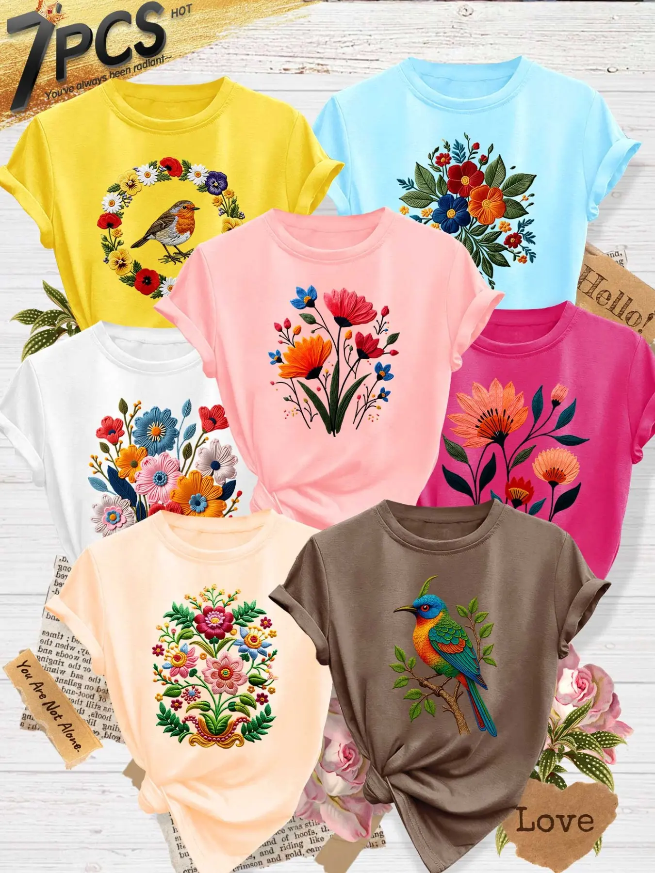 7Pcs Women Crew Tee, Hummingbird Poppy Wreath Bird Oil Painting Floral Print, multi-color washable casual tee