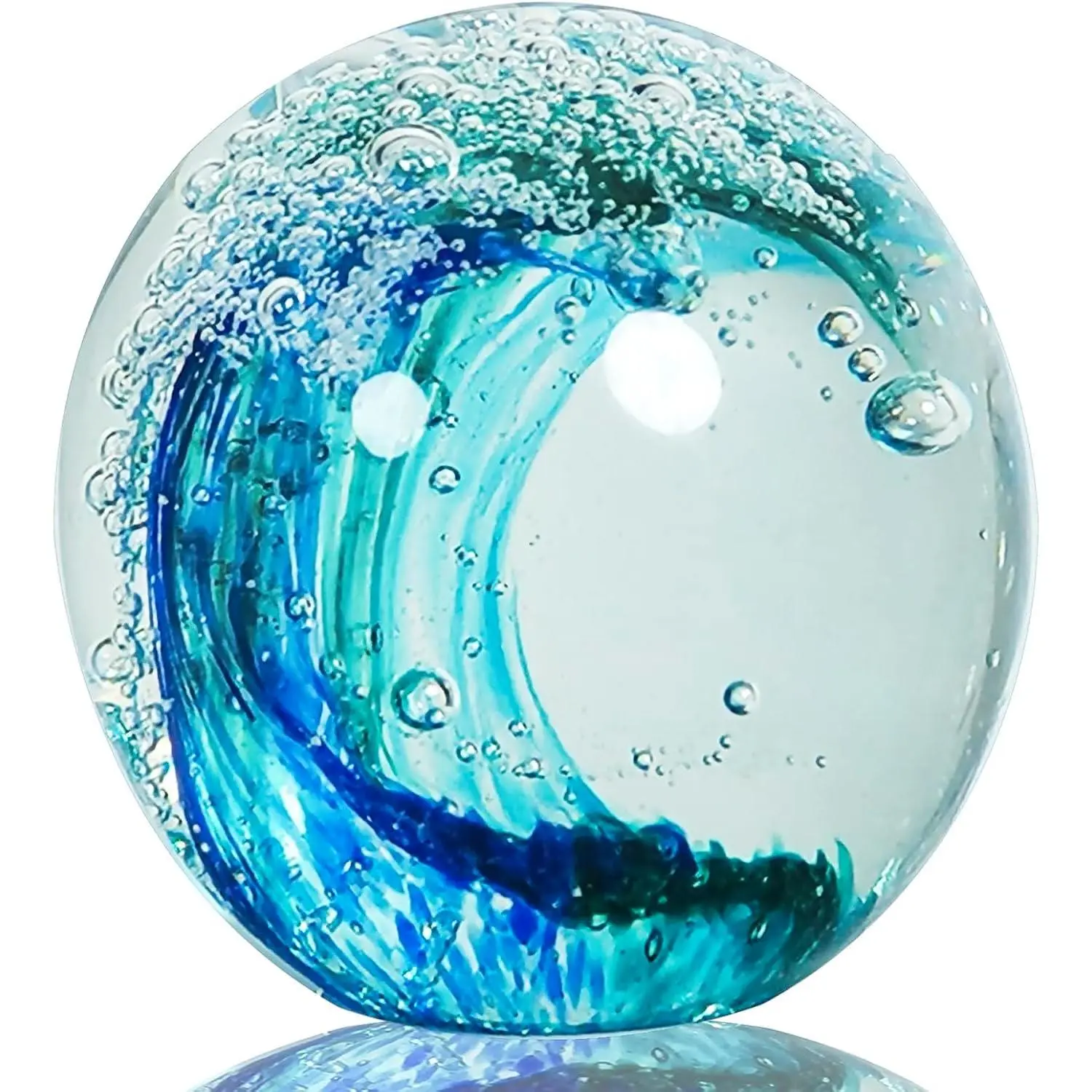 Hand Blown  Wave Glass Ball :  for Beach Lovers,Beach Decorations for , Sea Glass Paperweight for Coastal Room Decor, Aquarium &  Themed Decorations