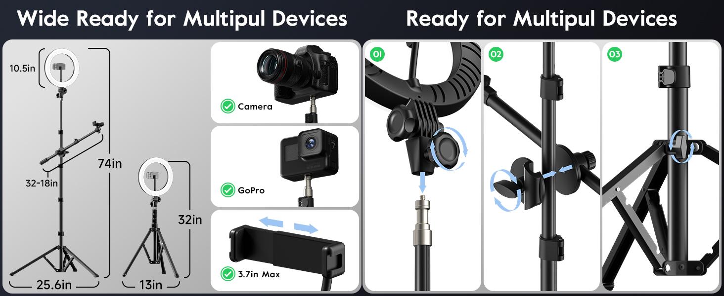 Tripod for iPhone with Light & Phone Holder - 10.5'' Ring Light with Stand - Second Arm with Overhead Phone, Fast-Adjust Bamboo-Flex Stand & Remote for Content Creators, Video Recording