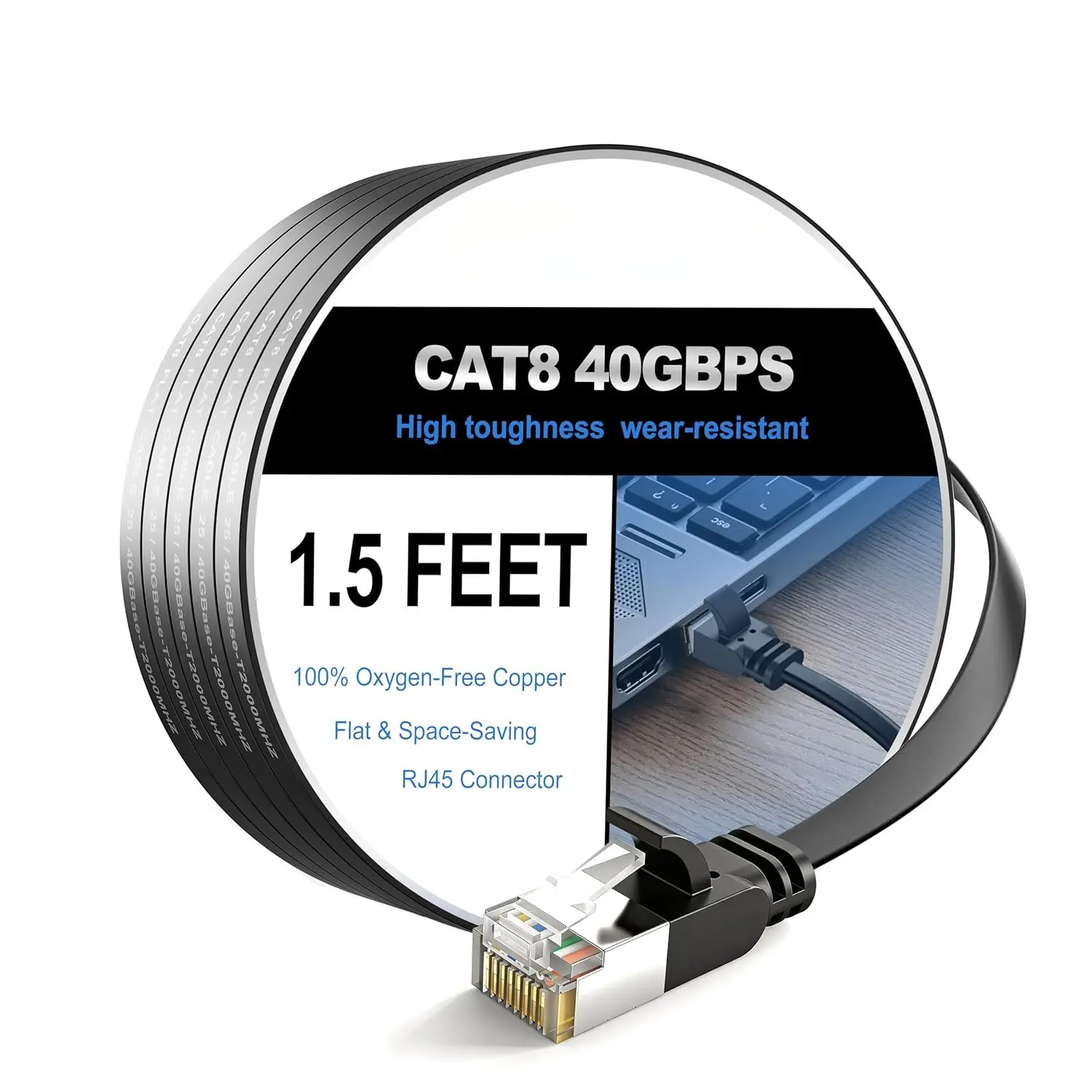 Copper Core Flat Ethernet Cable, 8-Pack 1.5ft Black, 40Gbps High Speed, 2000MHz Bandwidth, Low Signal Loss, Compatible with Routers/PCs, Gaming Consoles, Modems