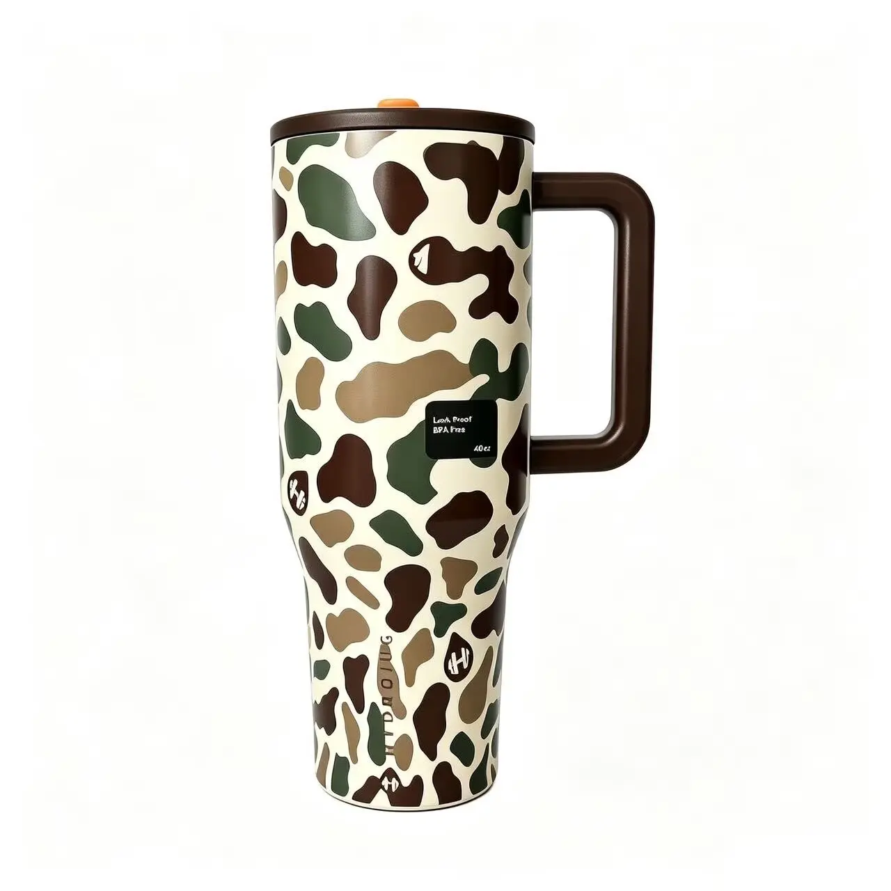 40oz Camo Print Insulated Stainless Steel Tumbler, Leakproof, Handle & Straw Included, 24hr Cold Retention, Car Cup Holder Friendly